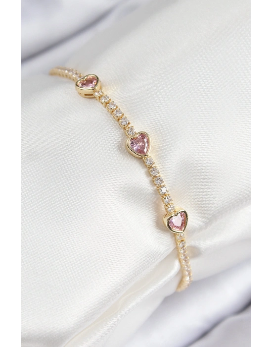 Pirinç Zirkon Taşlı Pembe Kalp Model Gold Renk Kadın Bileklik