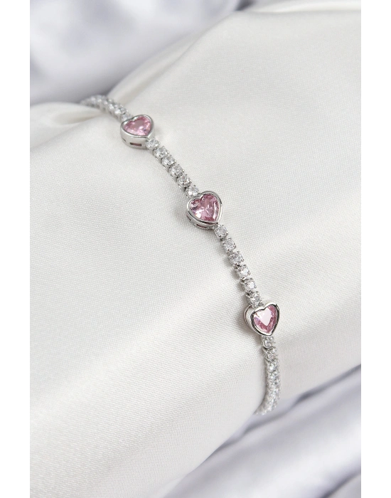 Pirinç Zirkon Taşlı Pembe Kalp Model Gümüş Renk Kadın Bileklik