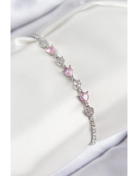 Pirinç Zirkon Taşlı Pembe Kalp Model Gümüş Renk Kadın Bileklik