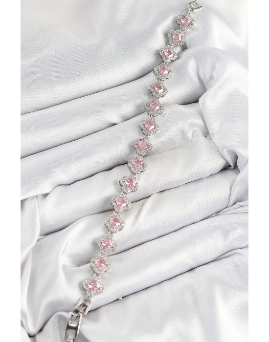 Pirinç Zirkon Taşlı Pembe Yonca Baget Model Gümüş Renk VIP Seri Kadın Bileklik