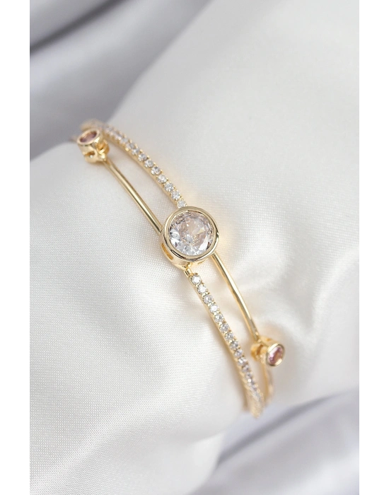 Pirinç Zirkon Taşlı Pırlanta Model Gold Renk Kadın Bileklik