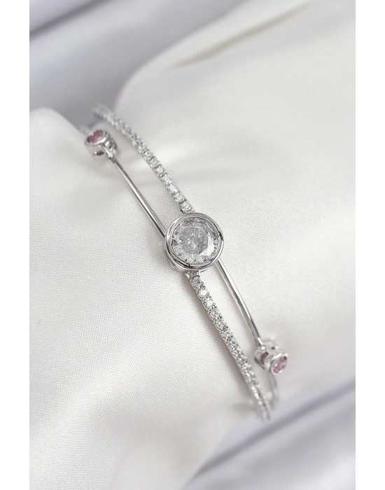 Pirinç Zirkon Taşlı Pırlanta Model Gümüş Renk Kadın Bileklik