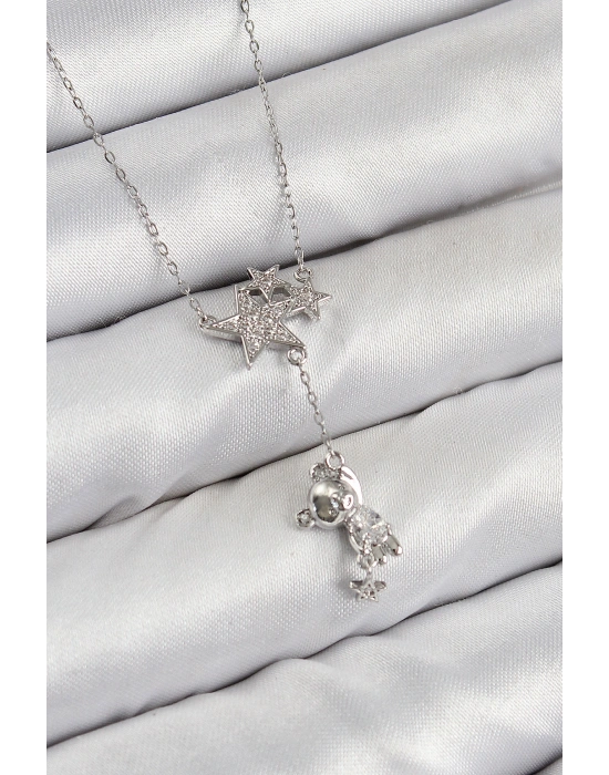 Pirinç Zirkon Taşlı Sallantılı Ayıcıklı Yıldız Model Gümüş Renk Kadın Kolye