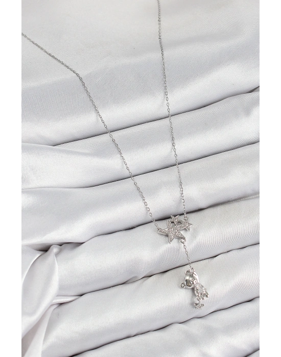 Pirinç Zirkon Taşlı Sallantılı Ayıcıklı Yıldız Model Gümüş Renk Kadın Kolye