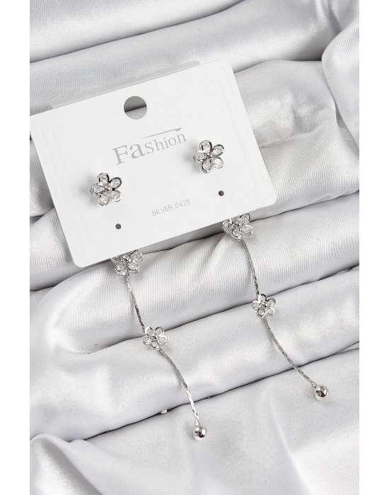 Pirinç Zirkon Taşlı Sallantılı Çiçek Model Gümüş Renk 925 Ayar Gümüş Çivi Kadın Küpe