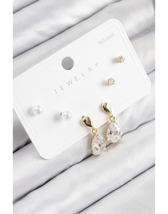 Pirinç Zirkon Taşlı Sallantılı Damla Model Gold Renk 925 Ayar Gümüş Çivi Kadın Küpe Set