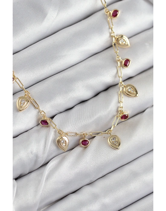 Pirinç Zirkon Taşlı Sallantılı Damla Model Gold Renk Kadın Kolye