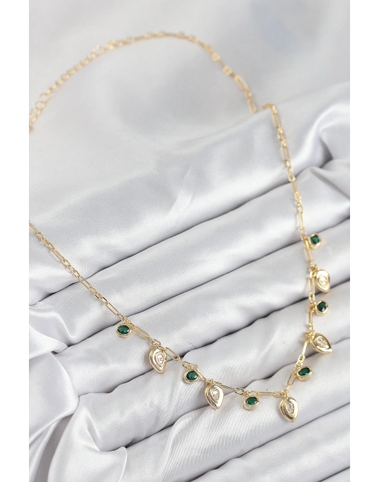 Pirinç Zirkon Taşlı Sallantılı Damla Model Gold Renk Kadın Kolye