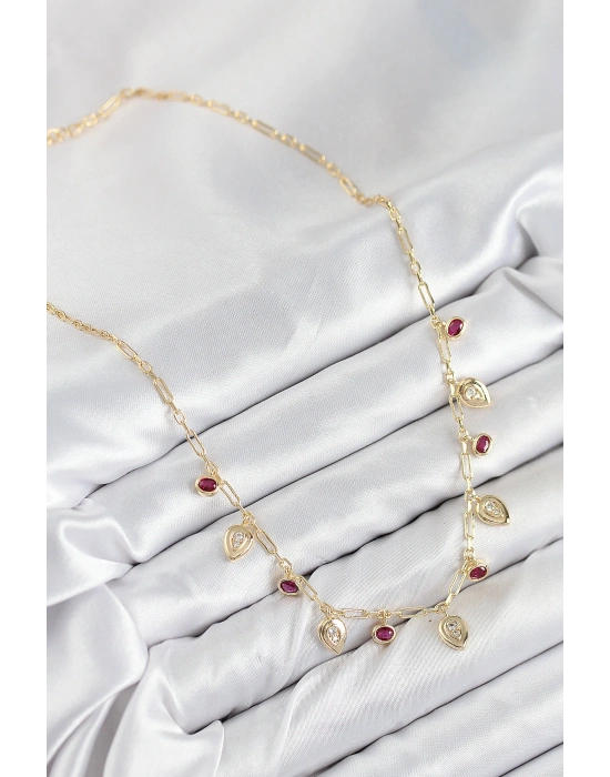 Pirinç Zirkon Taşlı Sallantılı Damla Model Gold Renk Kadın Kolye