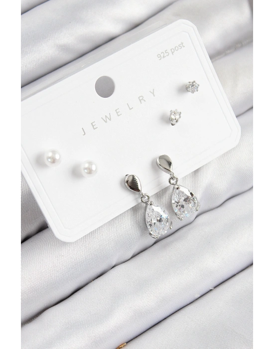 Pirinç Zirkon Taşlı Sallantılı Damla Model Gümüş Renk 925 Ayar Gümüş Çivi Kadın Küpe Set