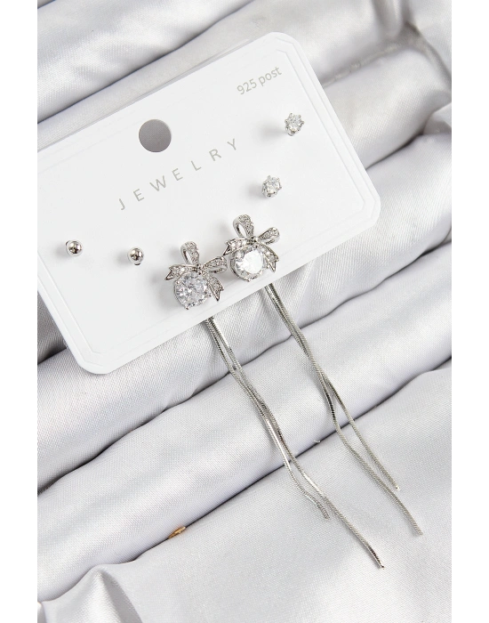 Pirinç Zirkon Taşlı Sallantılı Fiyonk Model Gümüş Renk 925 Ayar Gümüş Çivi Kadın Küpe Set