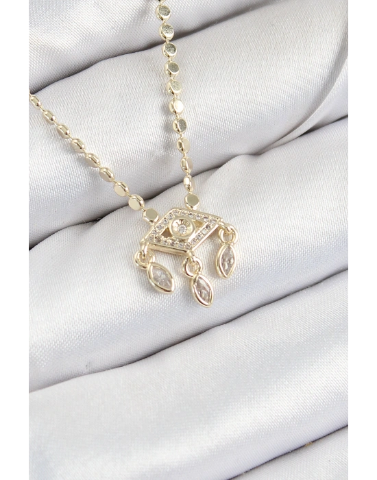 Pirinç Zirkon Taşlı Sallantılı Göz Model Ezme Zincir Gold Renk Kadın Kolye