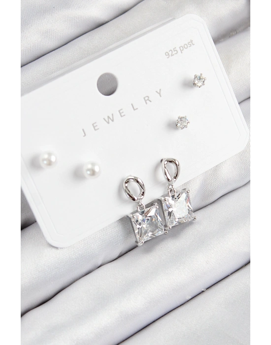 Pirinç Zirkon Taşlı Sallantılı Kare Model Gümüş Renk 925 Ayar Gümüş Çivi Kadın Küpe Set