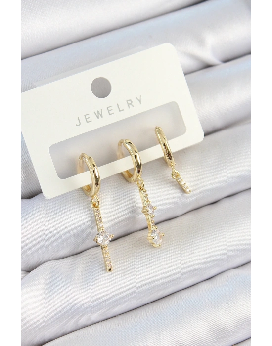 Pirinç Zirkon Taşlı Sallantılı Model Gold Renk 3lü Çift Kadın Küpe Set