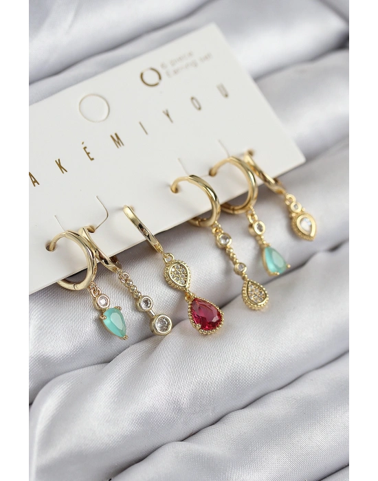 Pirinç Zirkon Taşlı Sallantılı Model Gold Renk 6lı Küpe Set