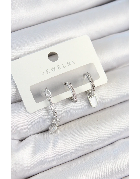 Pirinç Zirkon Taşlı Sallantılı Model Gümüş Renk 3lü Çift Kadın Küpe Set