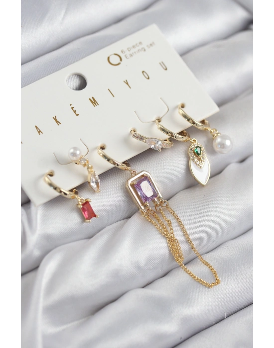 Pirinç Zirkon Taşlı Sallantılı Ve İncili Gold Renk 6lı Küpe Set