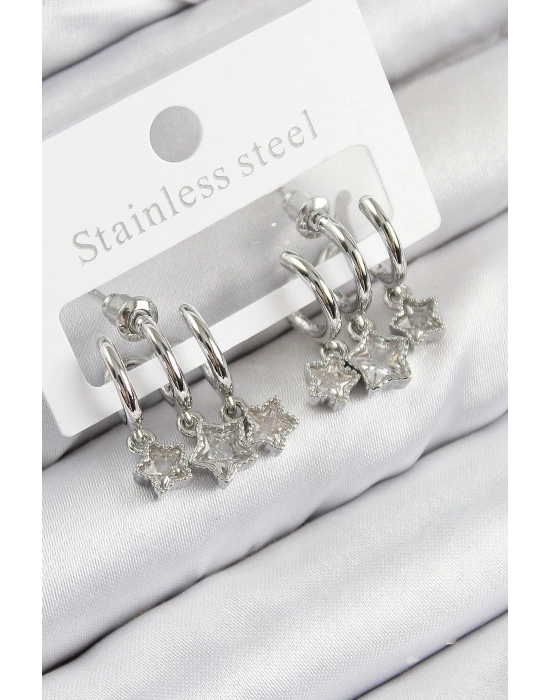 Pirinç Zirkon Taşlı Sallantılı Yıldız Model Gümüş Renk Kadın Küpe