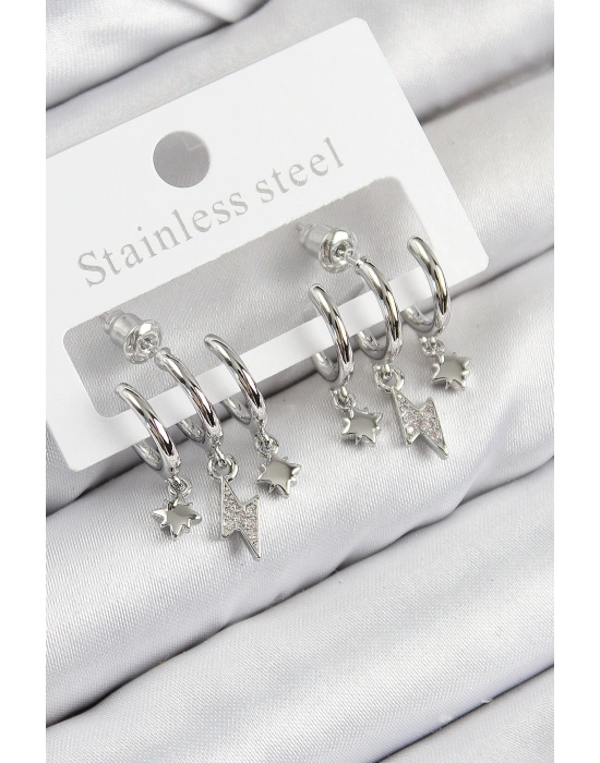 Pirinç Zirkon Taşlı Şimşek Model Gümüş Renk Kadın Küpe