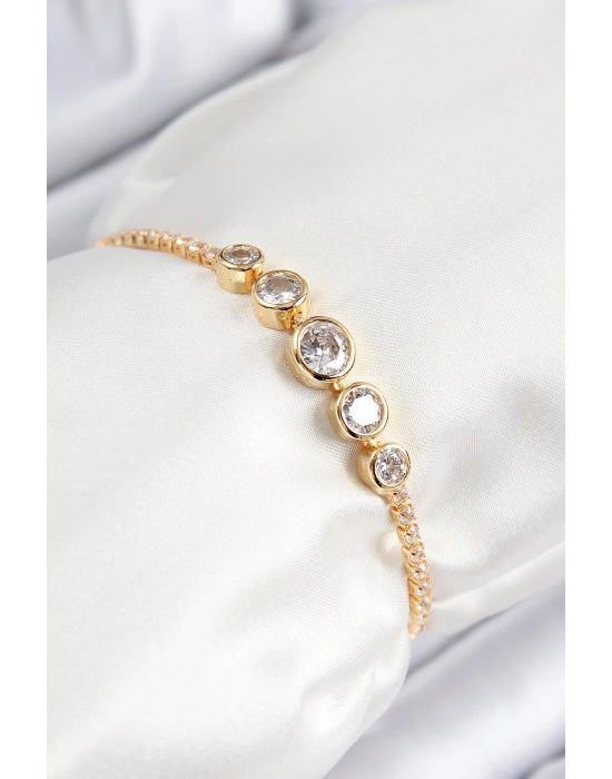 Pirinç Zirkon Taşlı Sıralı Daire Model Gold Renk Asansörlü Kadın Bileklik