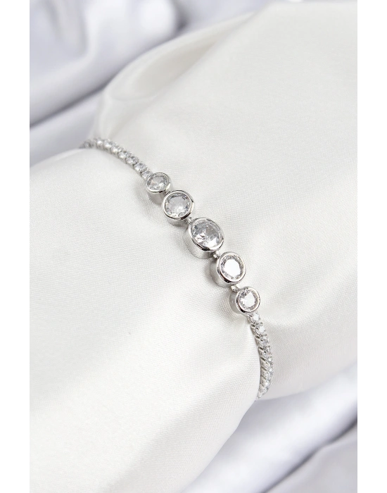 Pirinç Zirkon Taşlı Sıralı Daire Model Gümüş Renk Asansörlü Kadın Bileklik