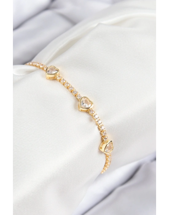 Pirinç Zirkon Taşlı Sıralı Kalp Model Gold Renk Kadın Bileklik