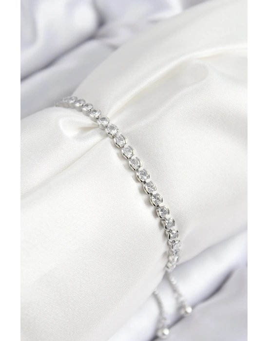 Pirinç Zirkon Taşlı Sıralı Model Gümüş Renk Asansörlü Kadın Bileklik