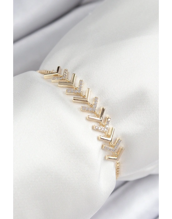 Pirinç Zirkon Taşlı Sıralı Ok Model Gold Renk Asansörlü Kadın Bileklik