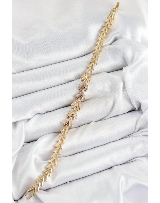 Pirinç Zirkon Taşlı Sıralı Ok Model Gold Renk Kadın Bileklik