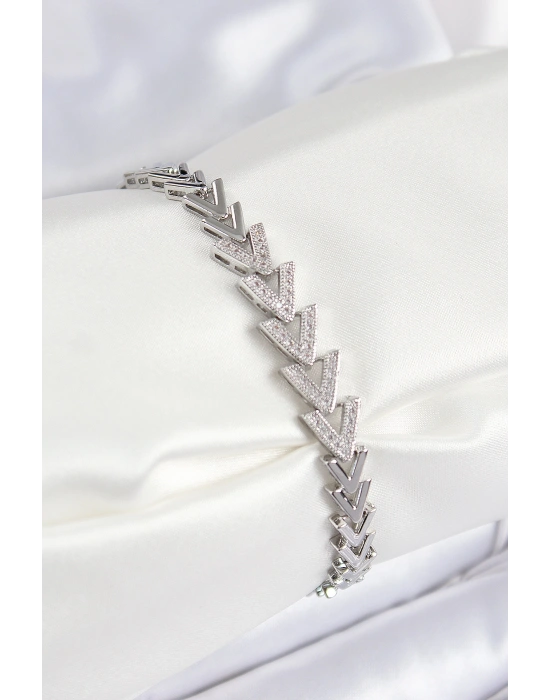 Pirinç Zirkon Taşlı Sıralı Ok Model Gümüş Renk Kadın Bileklik