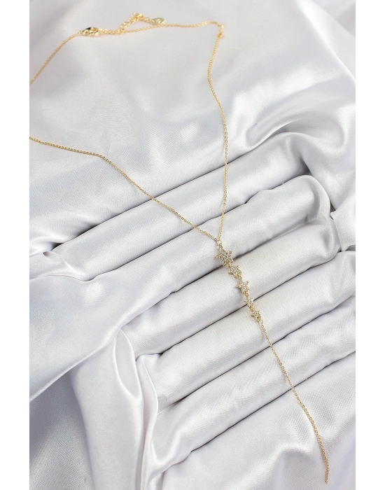 Pirinç Zirkon Taşlı Sıralı Yıldız Figürlü Y Model Gold Renk Kadın Kolye