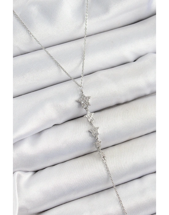 Pirinç Zirkon Taşlı Sıralı Yıldız Figürlü Y Model Gümüş Renk Kadın Kolye