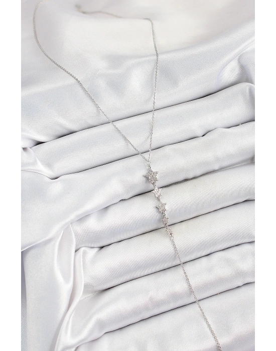 Pirinç Zirkon Taşlı Sıralı Yıldız Figürlü Y Model Gümüş Renk Kadın Kolye