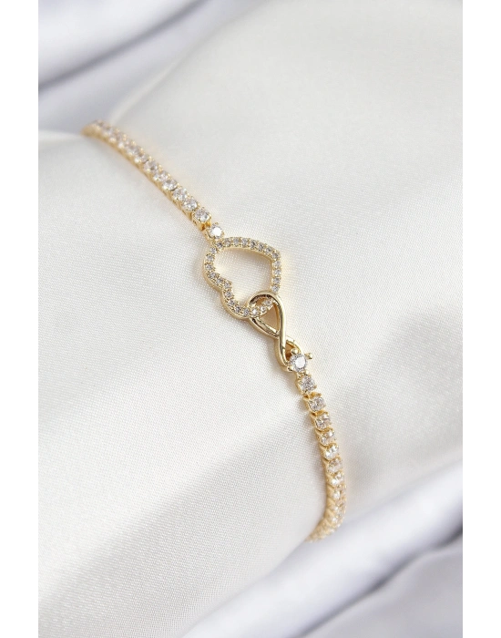 Pirinç Zirkon Taşlı Sonsuzluk Kalp Model Gold Renk Kadın Bileklik