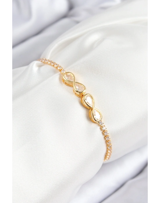 Pirinç Zirkon Taşlı Sonsuzluk Model Gold Renk Asansörlü Kadın Bileklik