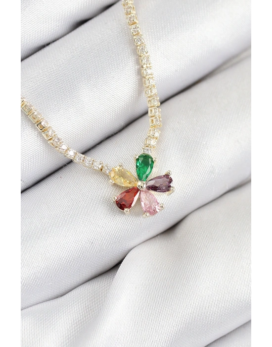 Pirinç Zirkon Taşlı Su Yolu Asorti Çiçek Model Gold Renk Kadın Kolye