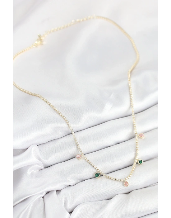 Pirinç Zirkon Taşlı Su Yolu Damla Model Gold Renk Kadın Kolye