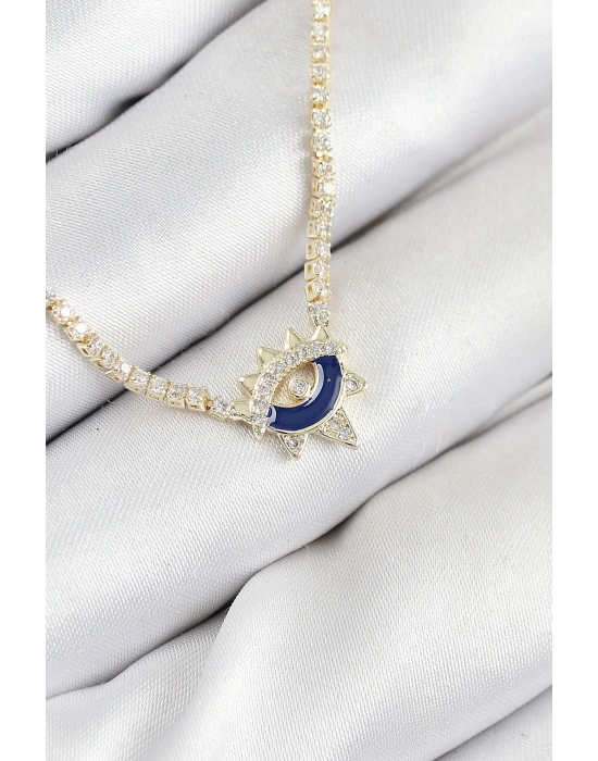 Pirinç Zirkon Taşlı Su Yolu Göz Model Gold Renk Kadın Kolye