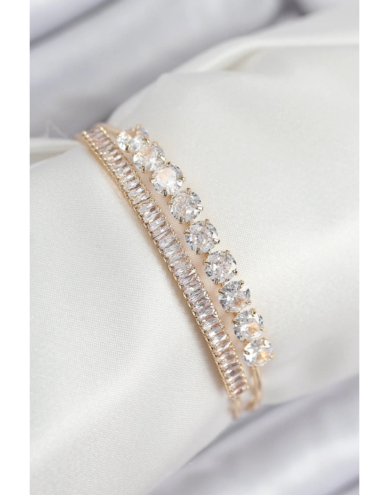 Pirinç Zirkon Taşlı Su Yolu Model Gold Renk Kadın Bileklik