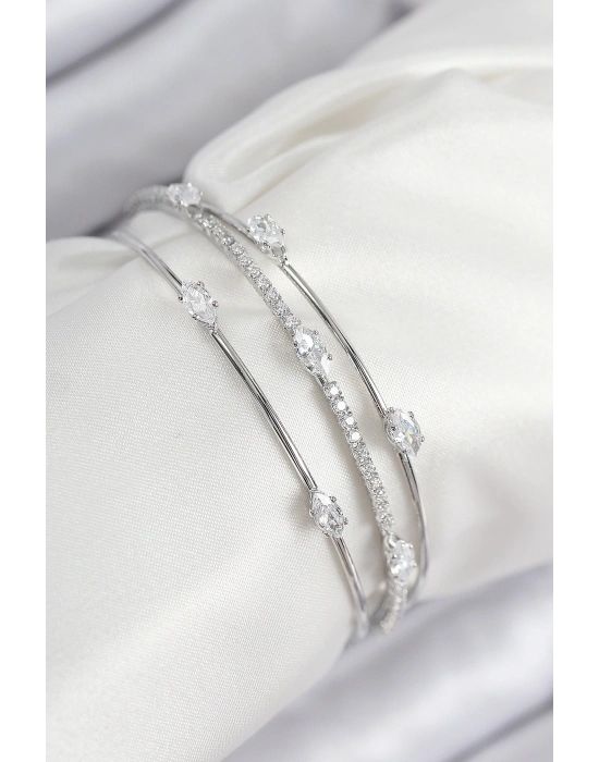 Pirinç Zirkon Taşlı Su Yolu Model Gümüş Renk Kadın Bileklik