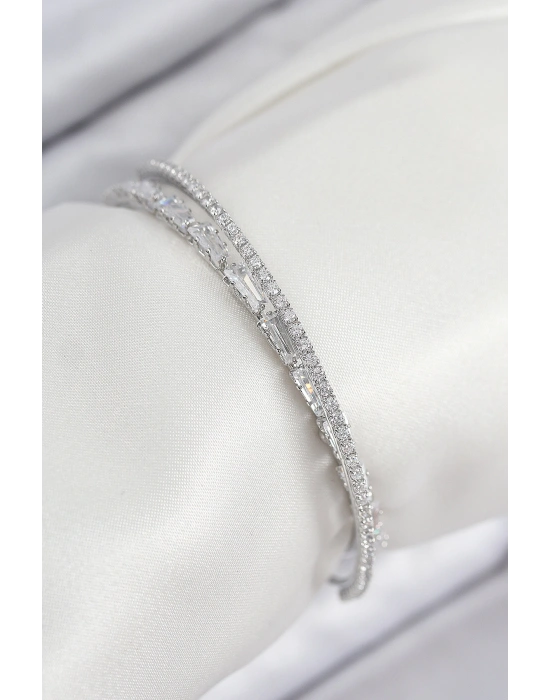 Pirinç Zirkon Taşlı Su Yolu Model Gümüş Renk Kadın Bileklik