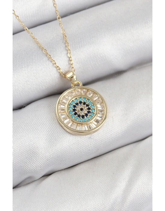 Pirinç Zirkon Taşlı Su Yolu Nazar Model Gold Renk Kadın Kolye