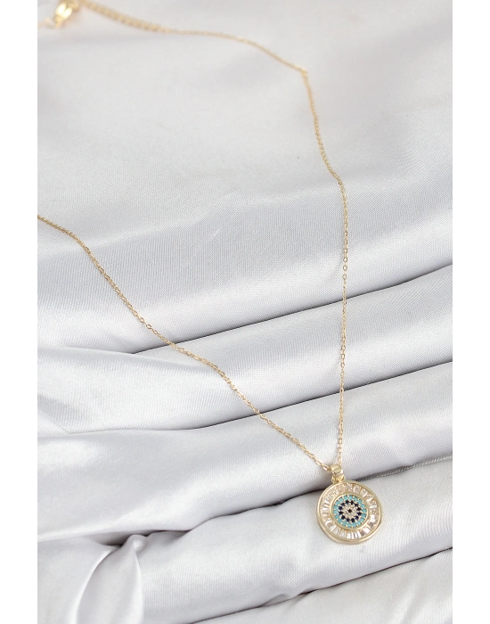 Pirinç Zirkon Taşlı Su Yolu Nazar Model Gold Renk Kadın Kolye