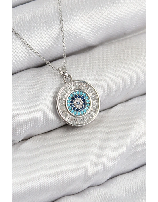 Pirinç Zirkon Taşlı Su Yolu Nazar Model Gümüş Renk Kadın Kolye