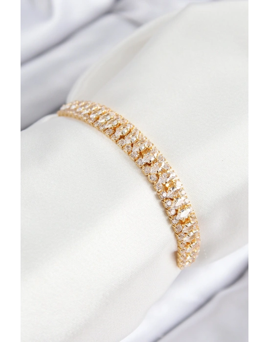 Pirinç Zirkon Taşlı Tennıs Model Gold Renk Asansörlü Kadın Bileklik