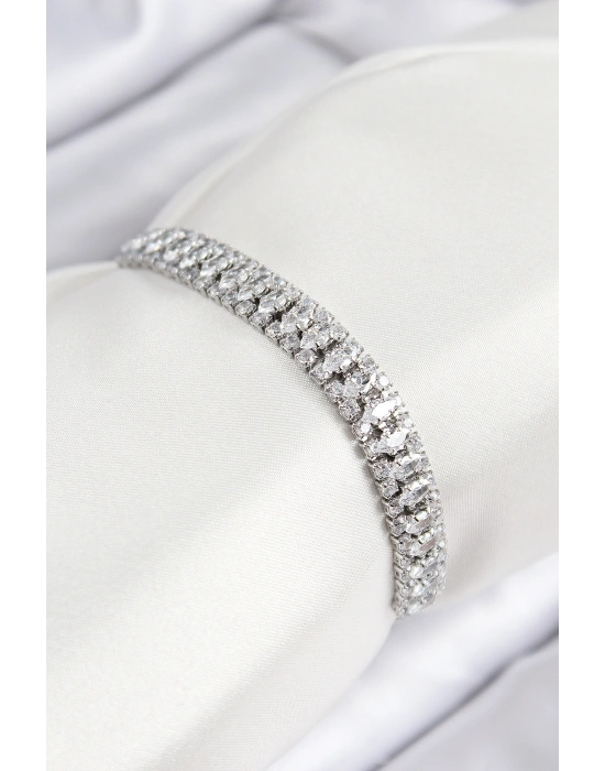 Pirinç Zirkon Taşlı Tennıs Model Gümüş Renk Asansörlü Kadın Bileklik