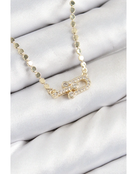 Pirinç Zirkon Taşlı Tifany Model Ezme Zincir Gold Renk Kadın Kolye