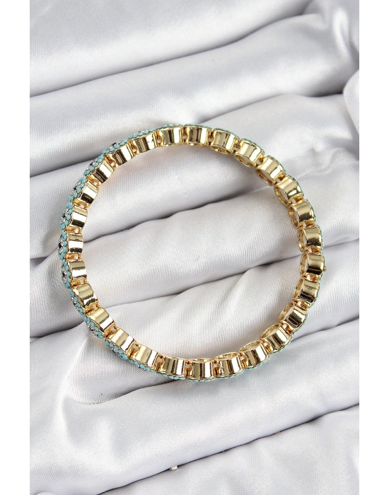 Pirinç Zirkon Taşlı Turkuaz Nazar Model Gold Renk Lastikli Kadın Bileklik