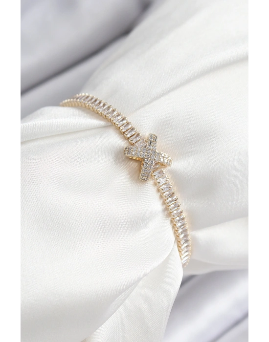 Pirinç Zirkon Taşlı X Detaylı Su Yolu Model Gold Renk Asansörlü Kadın Bileklik