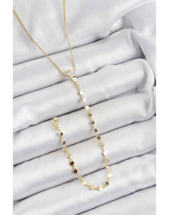 Pirinç Zirkon Taşlı Yıldız Figürlü Y Model Gold Renk Kadın Kolye